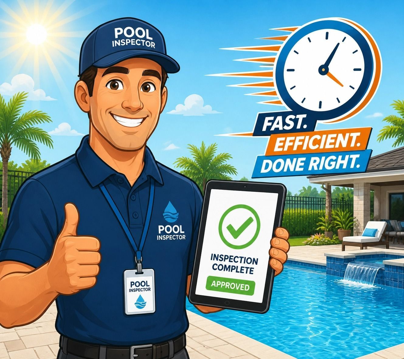 Pool Inspector Smiling by a Blue Pool, Holding an Approved Inspection — Get My Pool Certified in Burleigh Waters, QLD