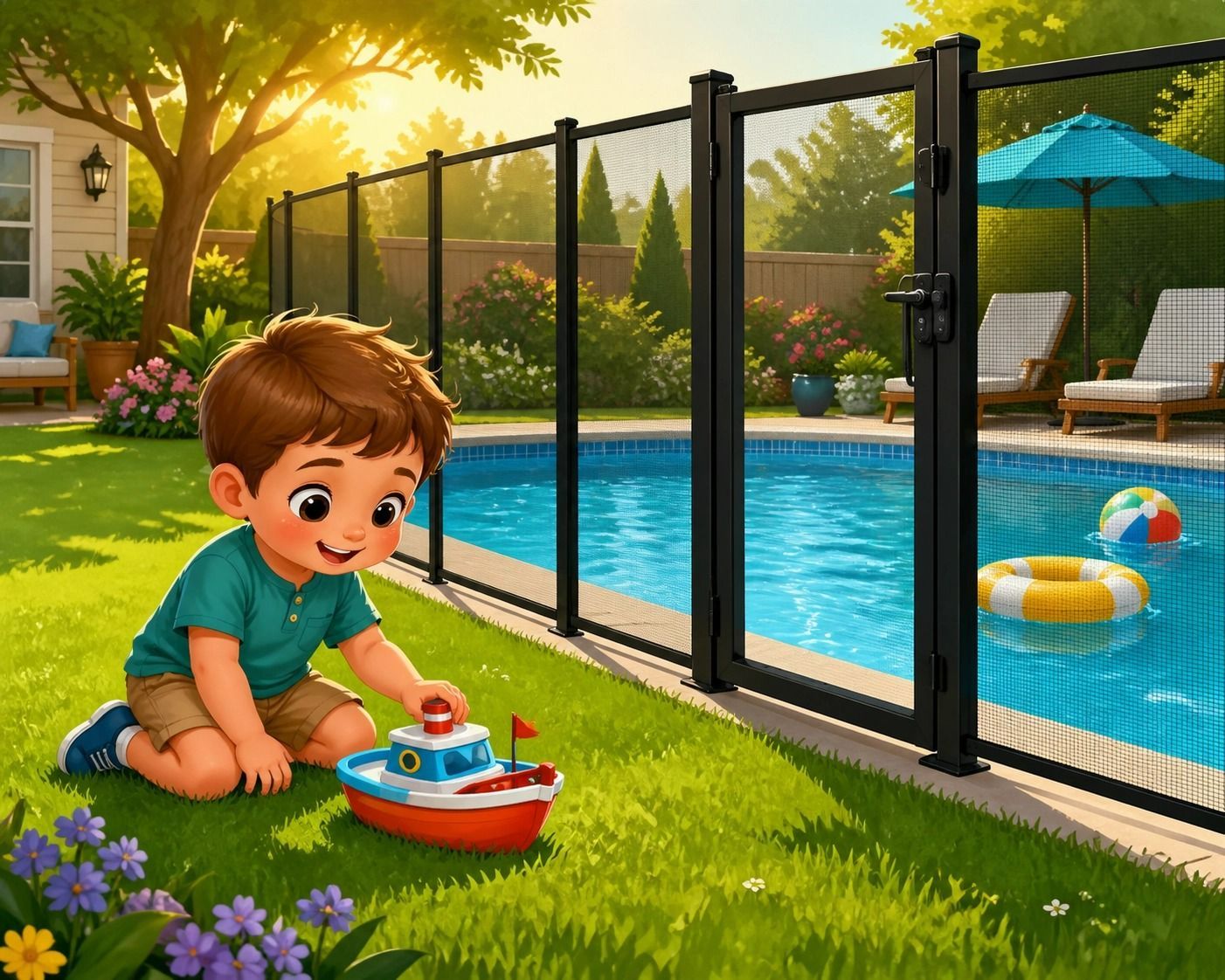 Child Playing With a Toy Boat by a Backyard Pool — Get My Pool Certified in Burleigh Waters, QLD