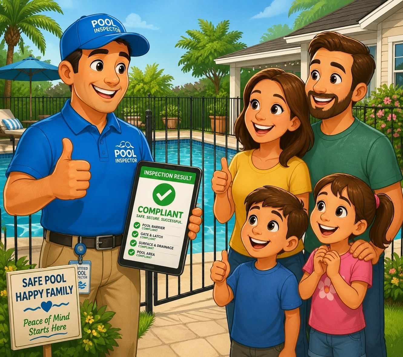 Pool Safety Inspector With Family Beside Backyard — Get My Pool Certified in Burleigh Waters, QLD