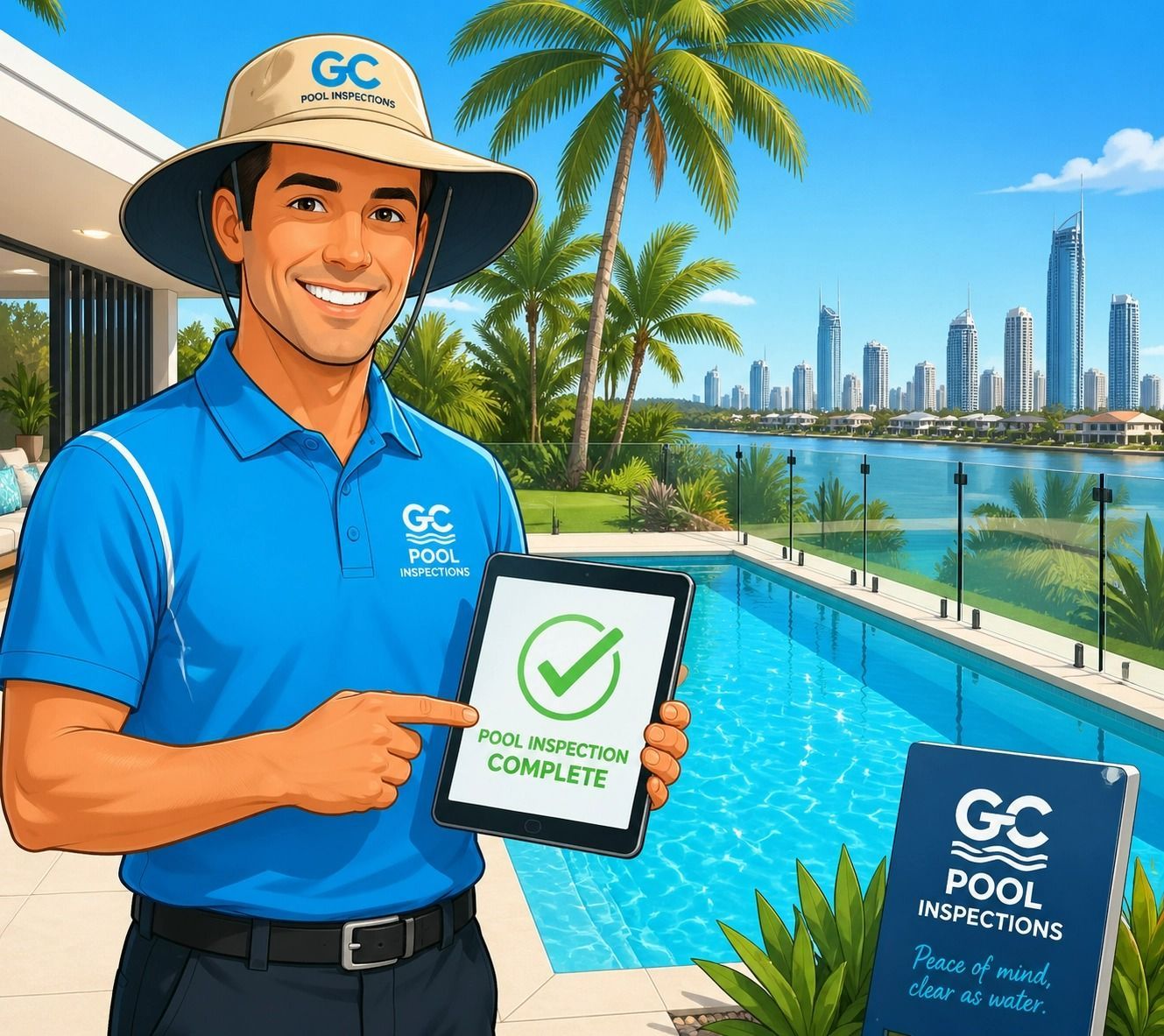 Pool Inspector in Blue Uniform Holds a Tablet — Get My Pool Certified in Burleigh Waters, QLD