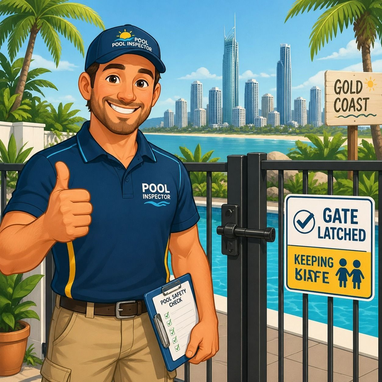 Pool Worker Giving Thumbs-up by a Locked Gate — Get My Pool Certified in Burleigh Waters, QLD