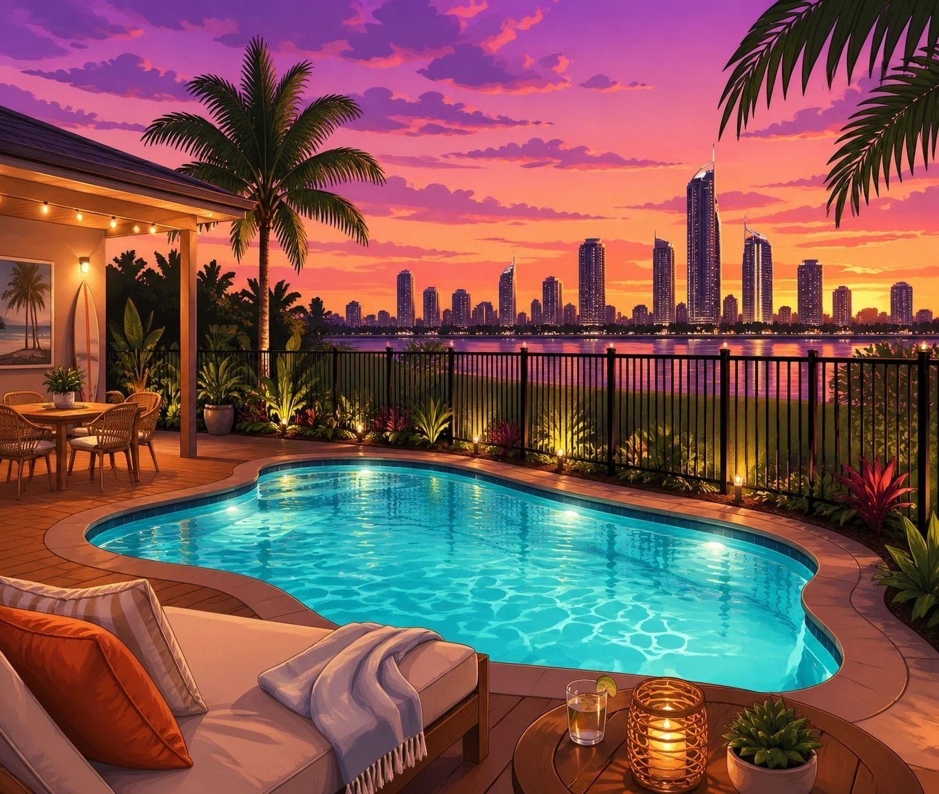 Tropical Patio With Glowing Pool, Palm Trees — Get My Pool Certified in Burleigh Waters, QLD