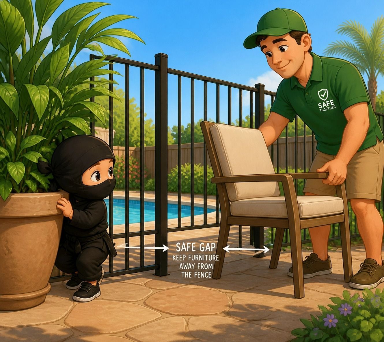 Poolside Safety Scene With a Worker and Child Beside a Chair and Fence — Get My Pool Certified in Burleigh Waters, QLD