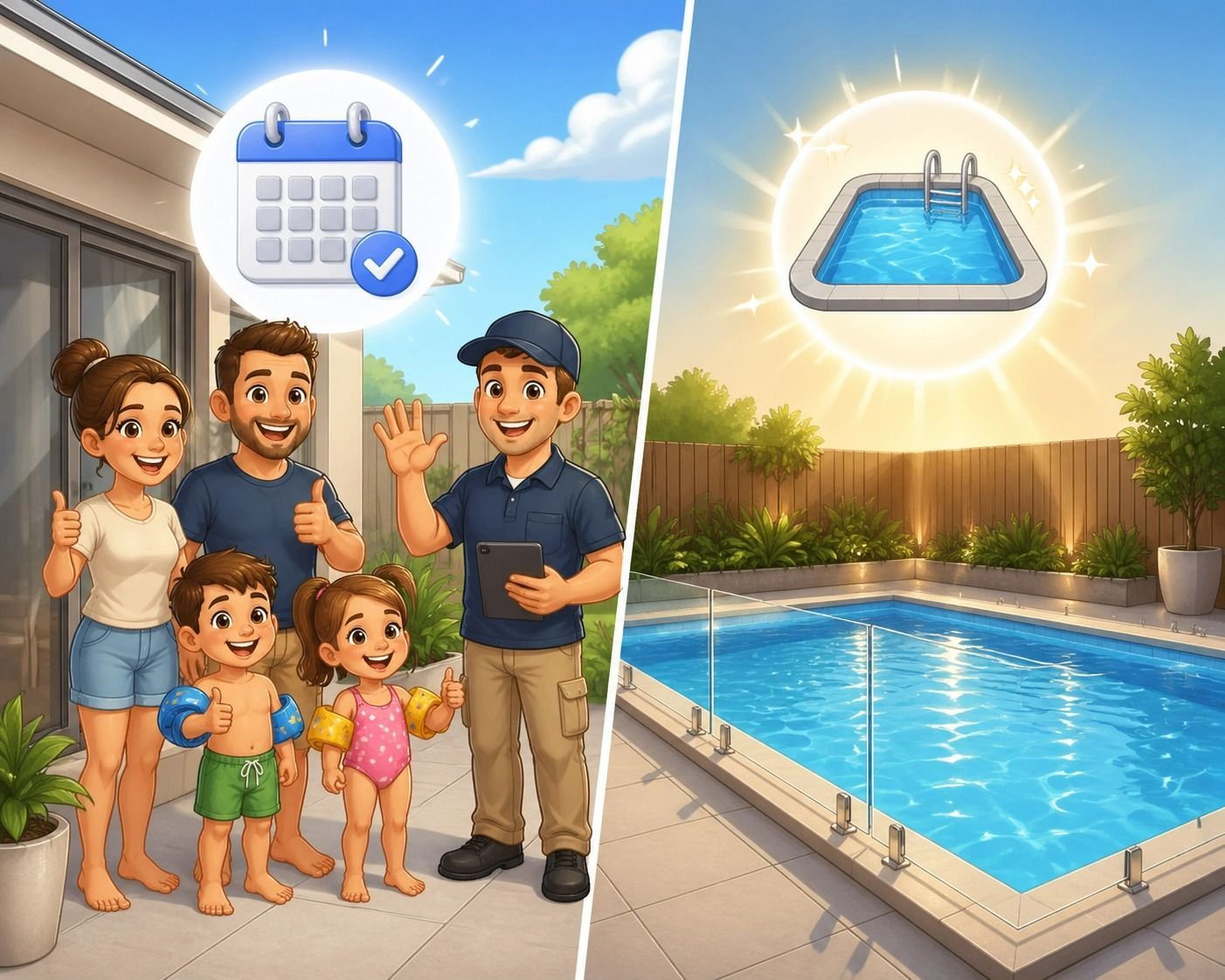 Family by a Pool Holding a Calendar, With Sunlight — Get My Pool Certified in Burleigh Waters, QLD