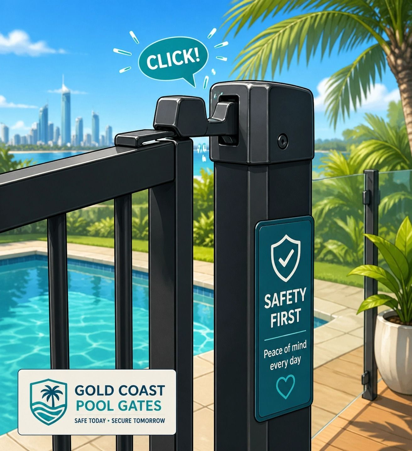 Gold Coast Pool Gates Safety Latch on Black Gate by Pool — Get My Pool Certified in Burleigh Waters, QLD