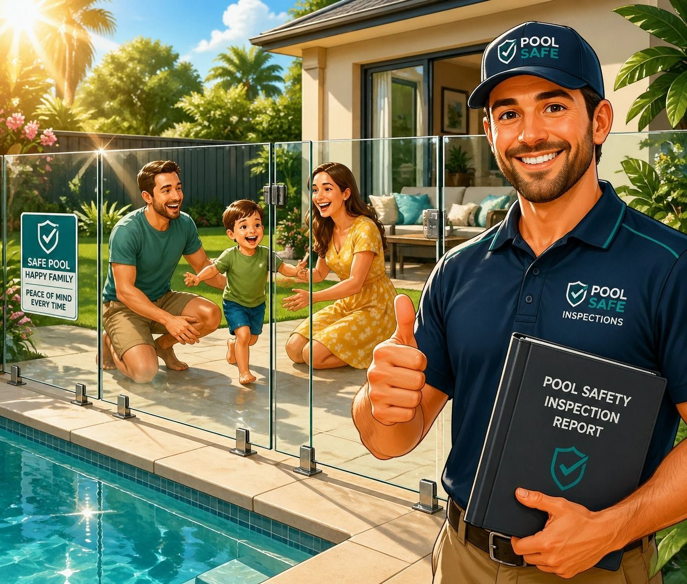 Pool Safety Inspector by Backyard Pool With Family Behind Glass Fence — Get My Pool Certified in Burleigh Waters, QLD
