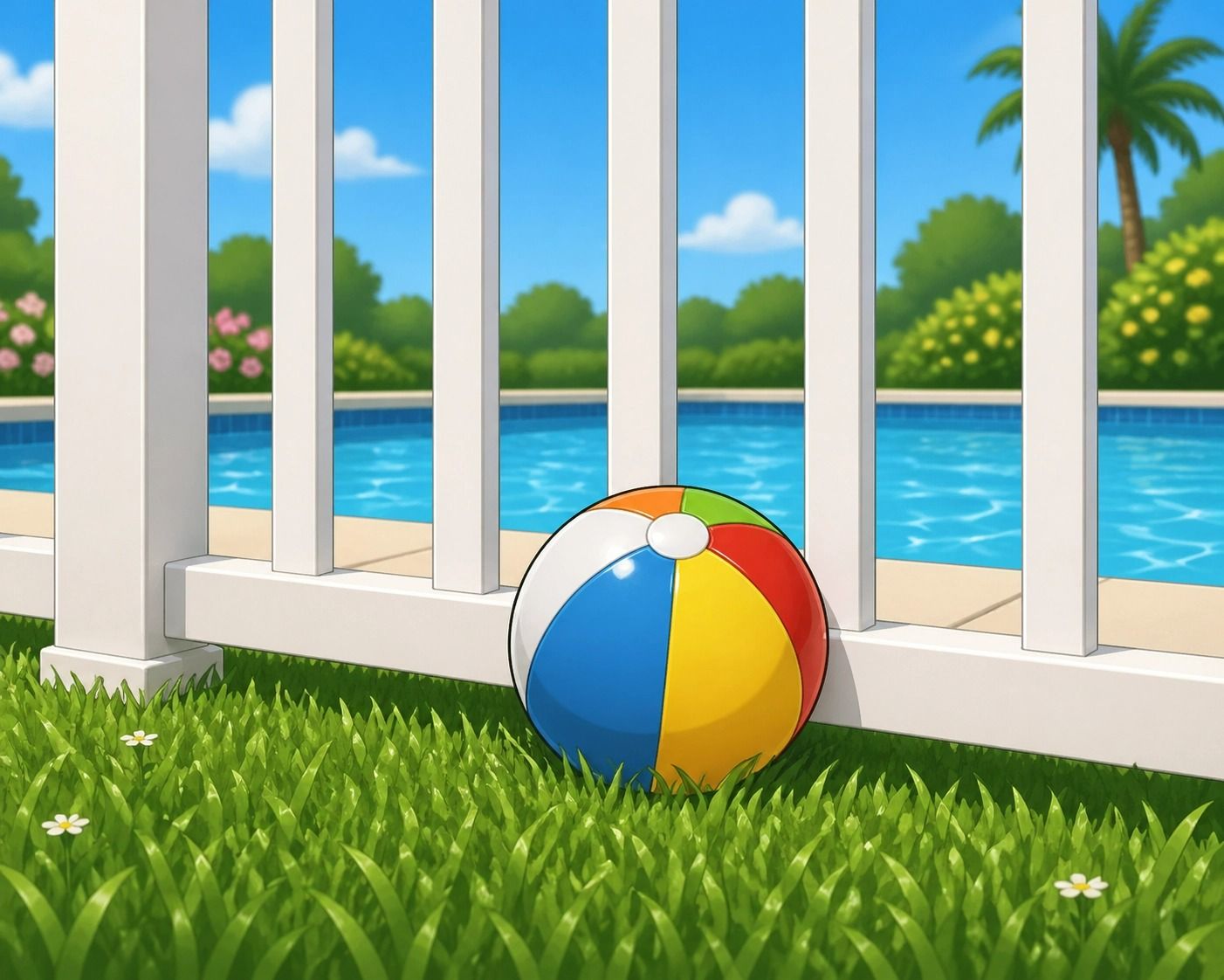 Colourful Beach Ball on Green Grass by a White Fence — Get My Pool Certified in Burleigh Waters, QLD