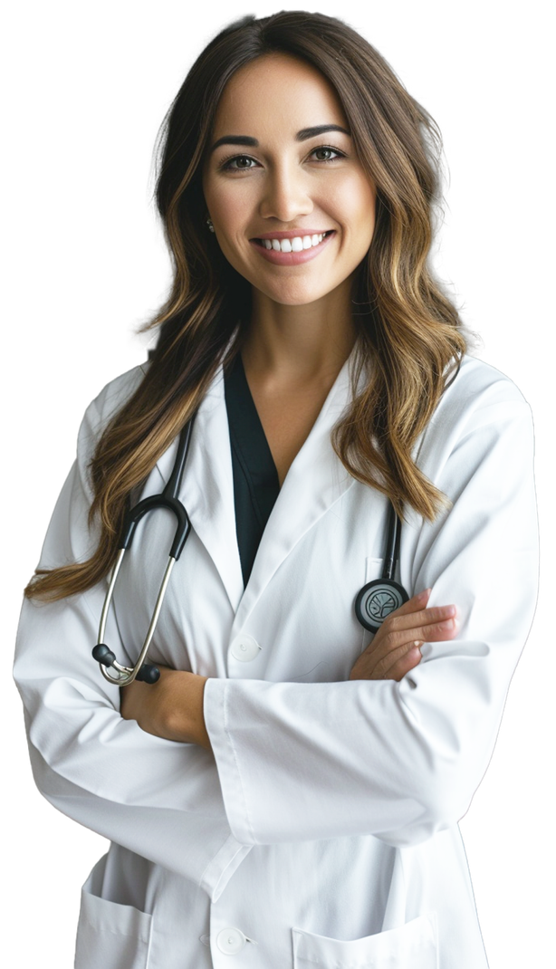 a female doctor with a stethoscope around her neck is smiling with her arms crossed .