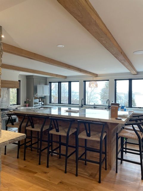 A kitchen with a large island and stools