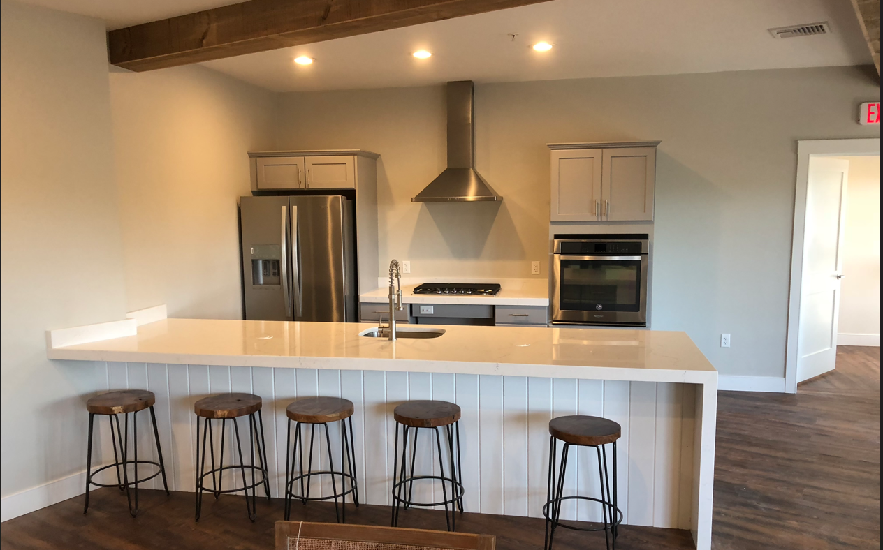 A kitchen with a large island and stools