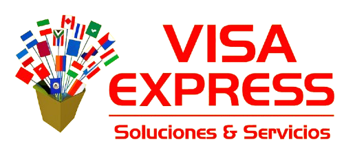 Logotipo de Visa Express, texto rojo con la frase «Visa Express» y un recuadro con banderas. «Soluciones y Servicios» debajo.