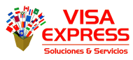 Logotipo de Visa Express, texto rojo con la frase «Visa Express» y un recuadro con banderas. «Soluciones y Servicios» debajo.