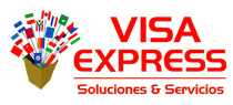 Logotipo de Visa Express: Texto rojo y banderas de varios países en un recuadro marrón. Debajo aparece 