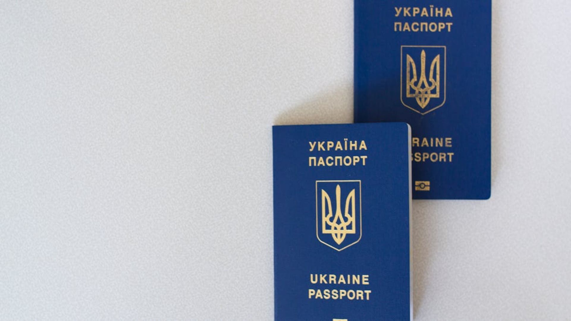 Dos pasaportes ucranianos con cubiertas azules y emblemas dorados sobre fondo blanco.