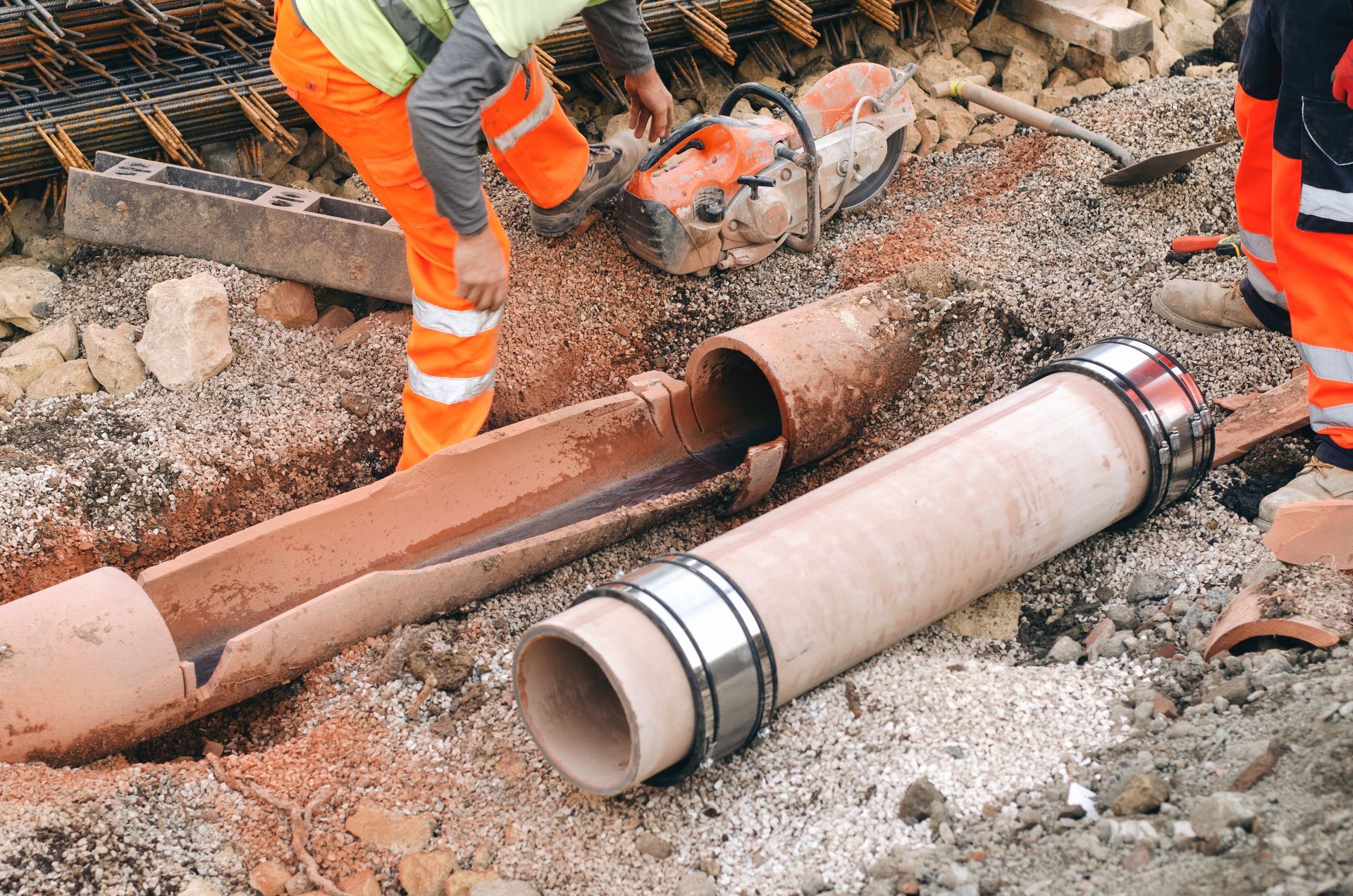 Workers cutting a broken clay pipe at a construction site.