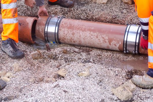 Workers connecting sections of a large, brown pipe outdoors, wearing orange safety gear and using metal coupling rings