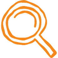 Orange, hand-drawn magnifying glass, spiral within the lens.