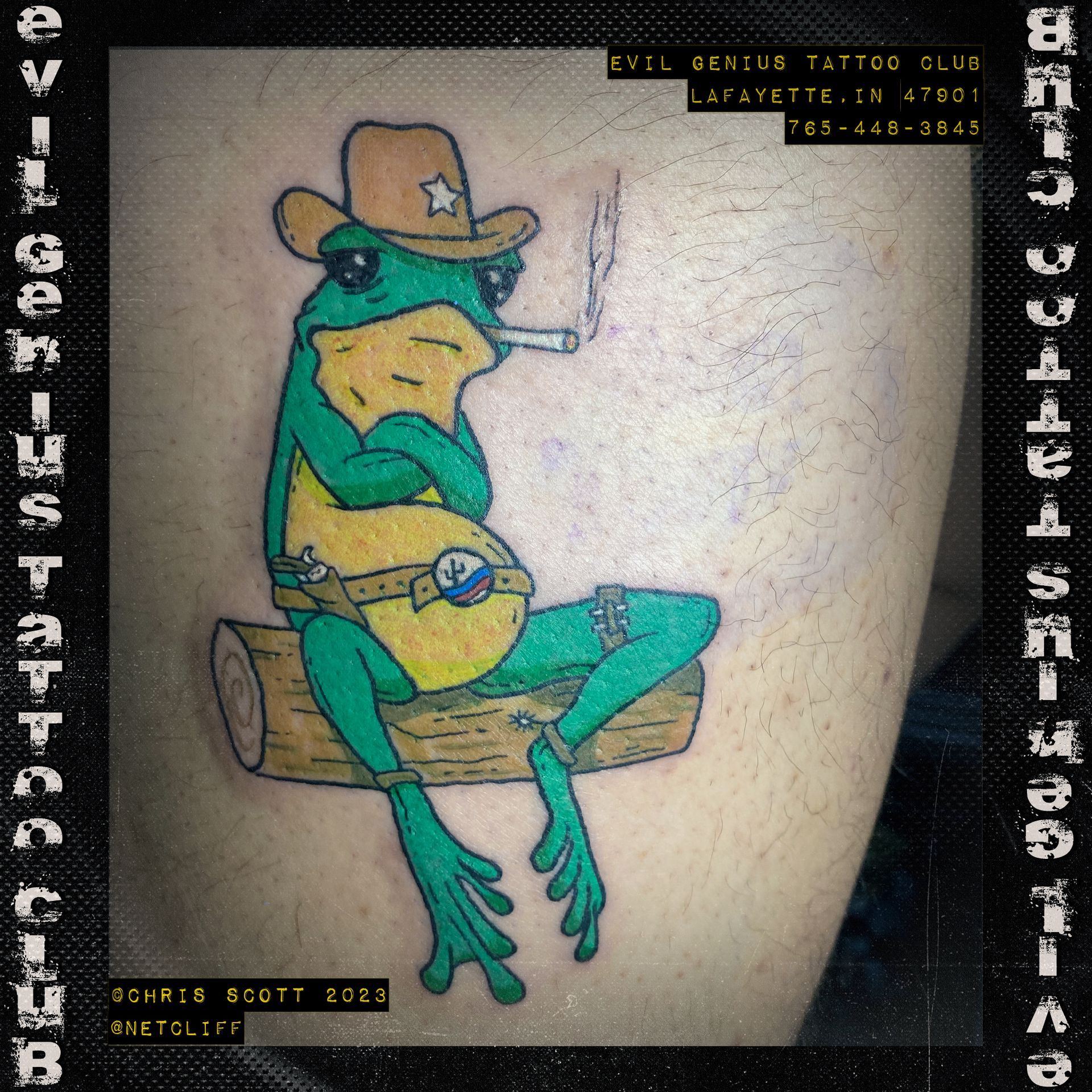 cowboy frog tattoo by Chris Scott