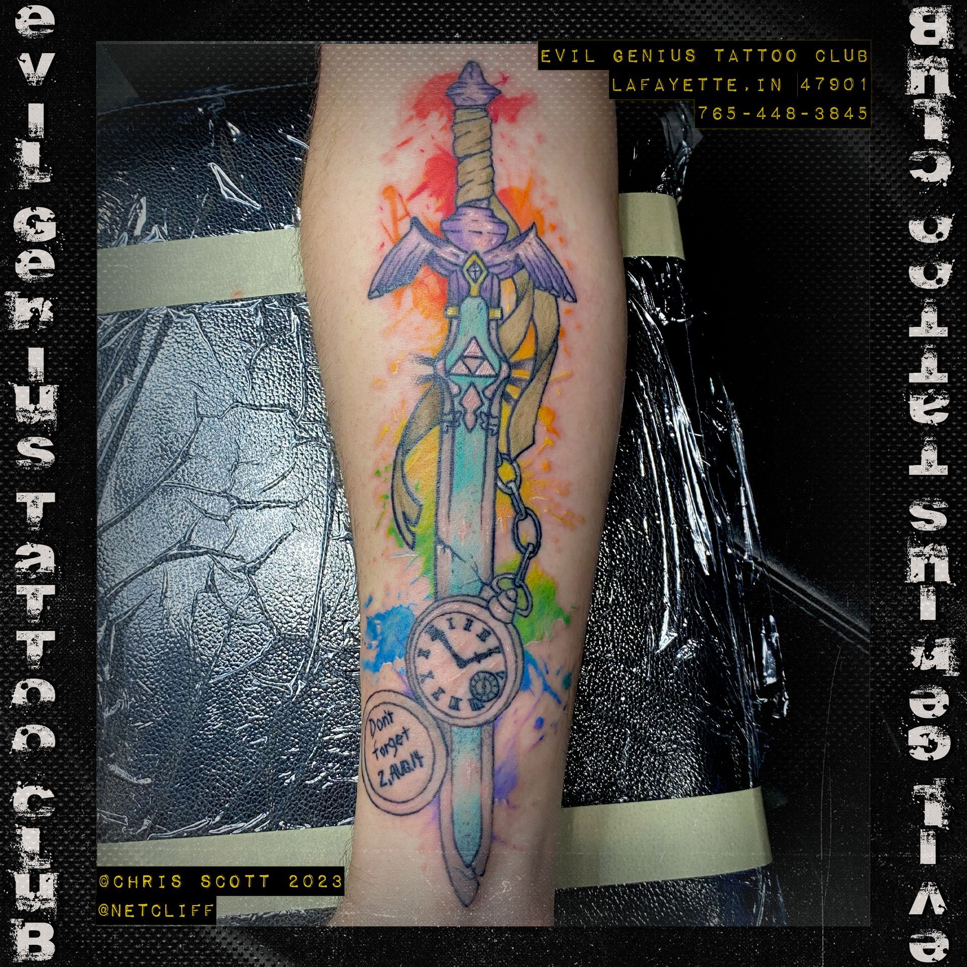 Master Sword with Watercolor Splash tattoo by Chris Scott