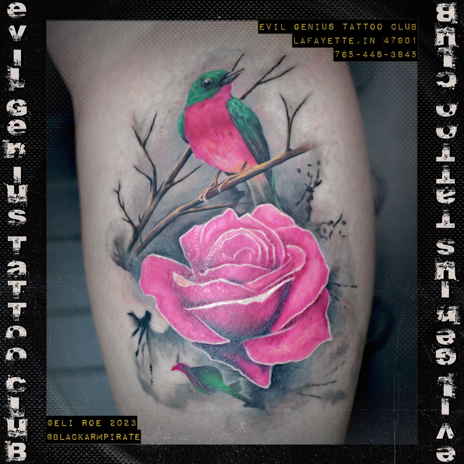 Bird with rose tattoo by Eli Roe