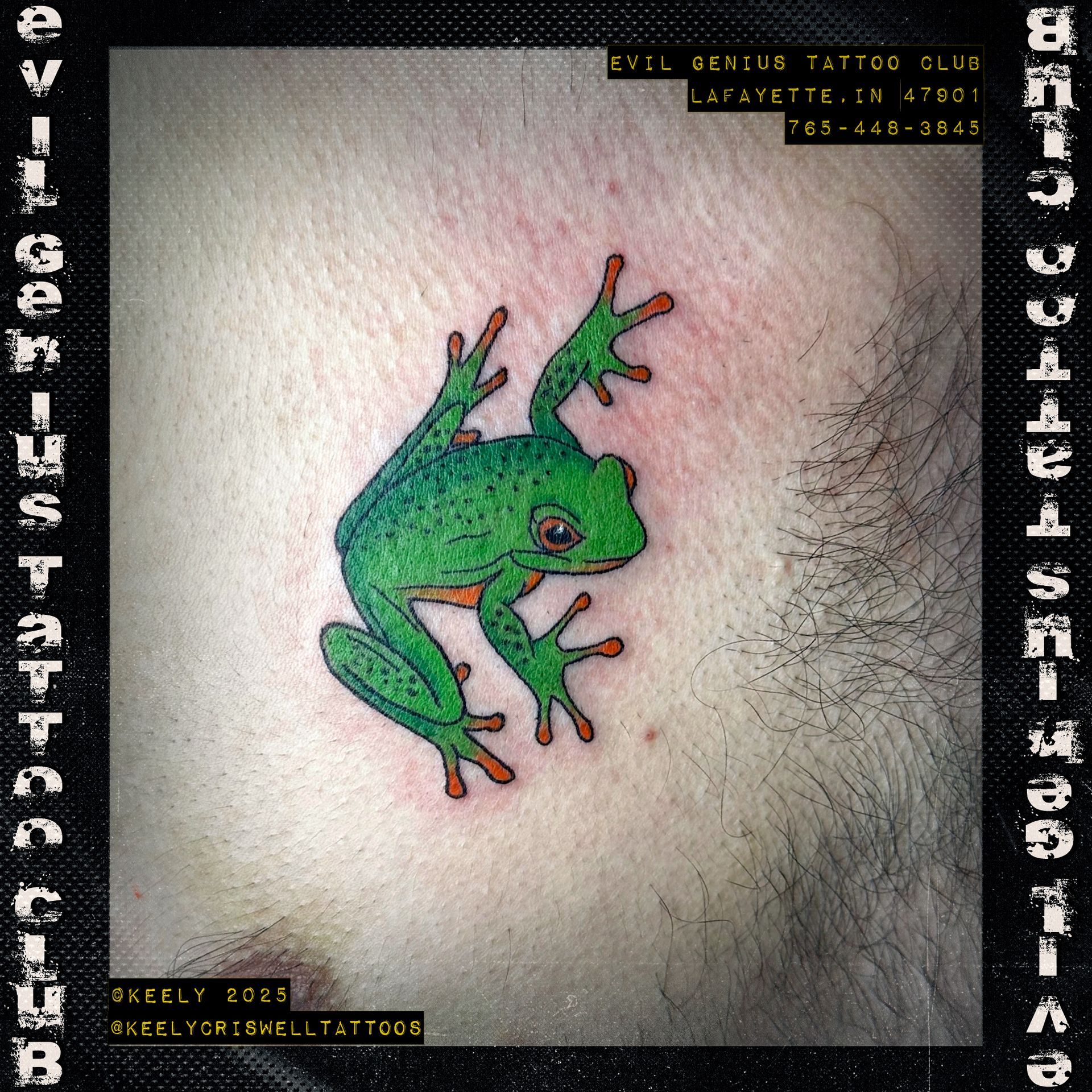 Green frog tattoo by Keely Criswell.