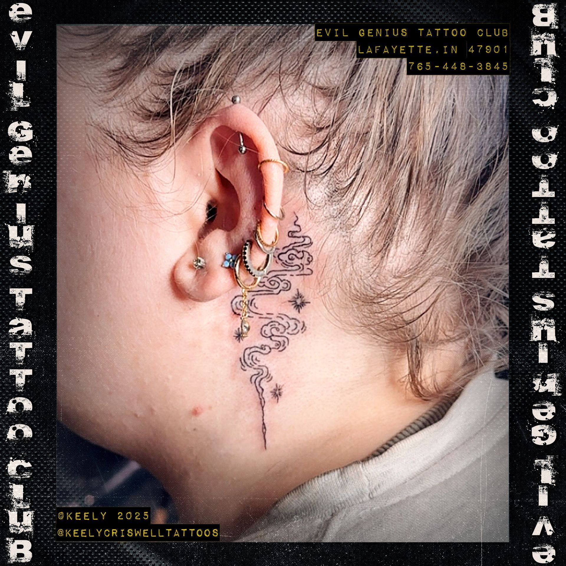 Behind the ear tattoo with cloud and star by Keely Criswell