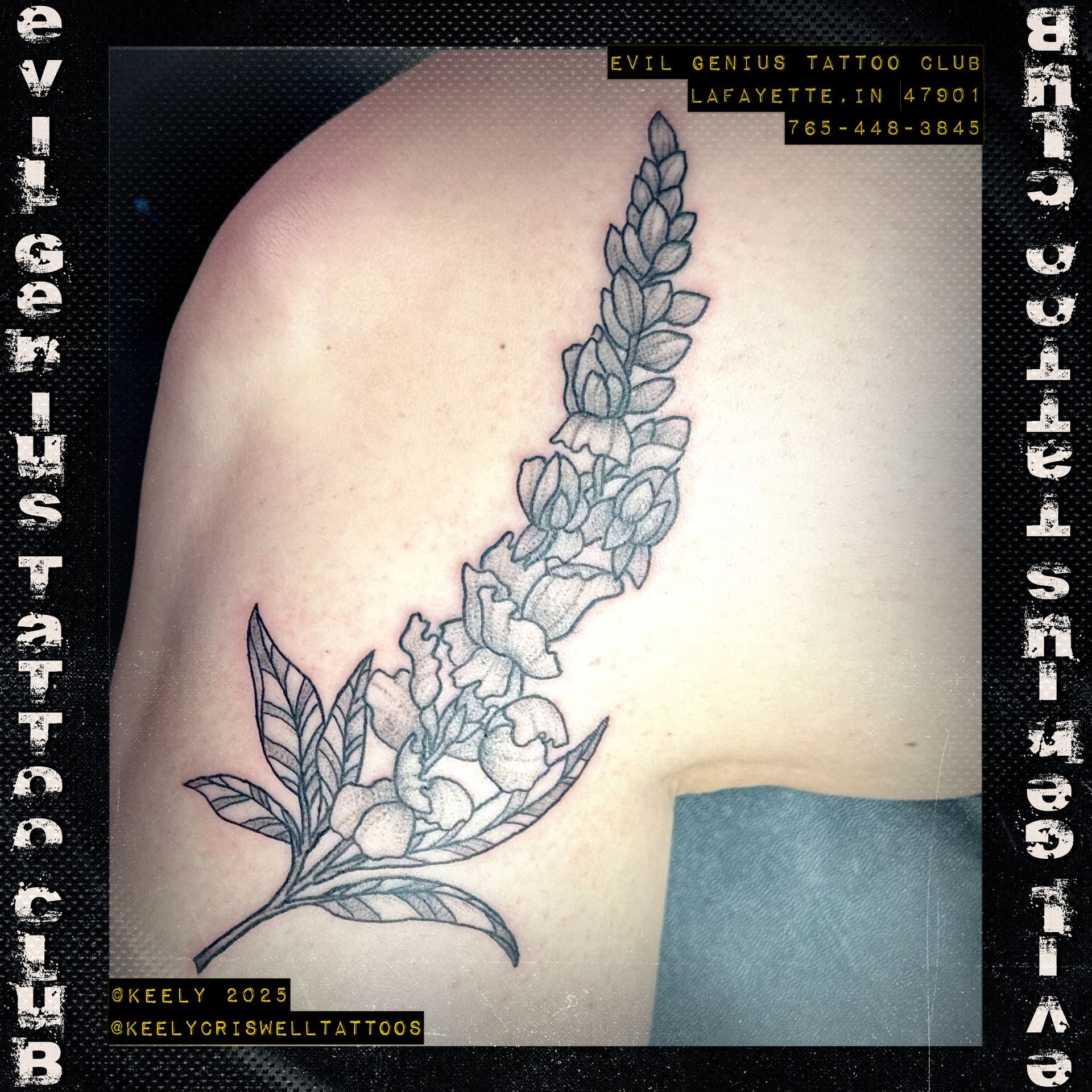 Black ink floral tattoo by Keely Criswell