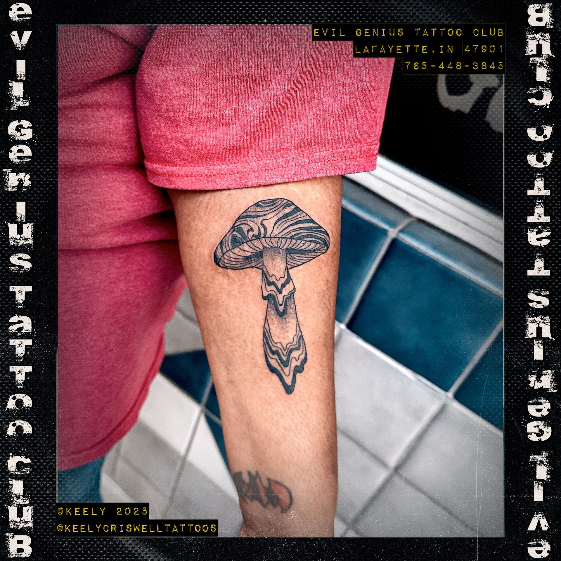 Melting psychedelic mushroom tattoo by Keely Criswell. 