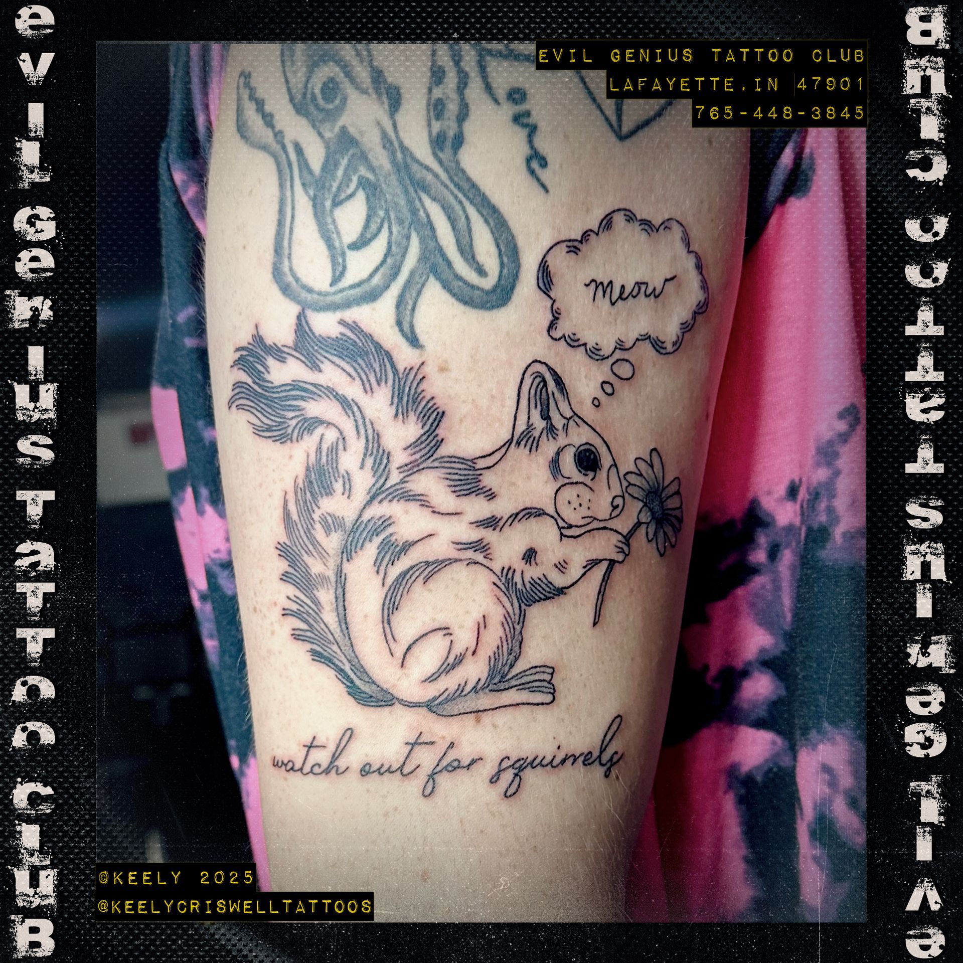 Tattoo of a squirrel holding a flower, thought bubble 