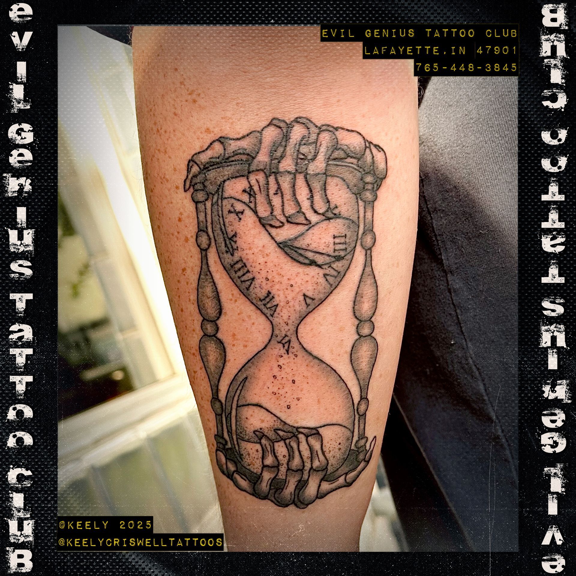 Hourglass tattoo with skeletal hands tattoo by Keely Criswell. 