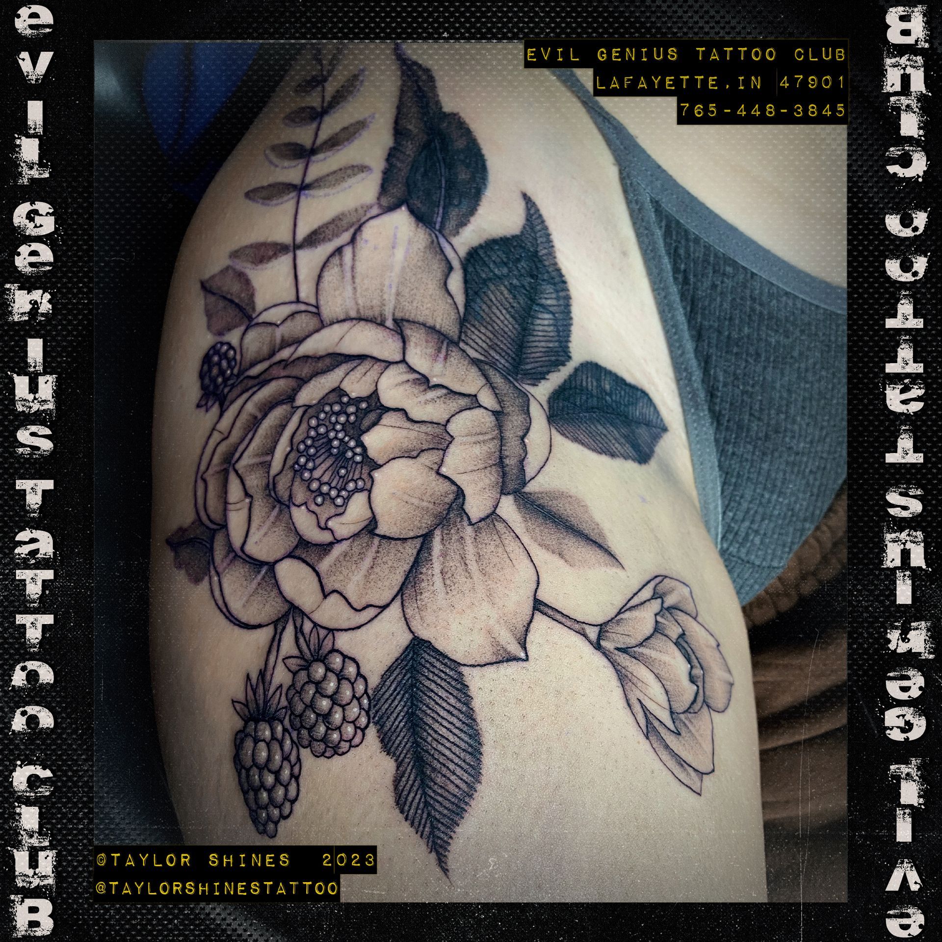 tattoo of a flower on a woman's thigh done by Taylor Shines