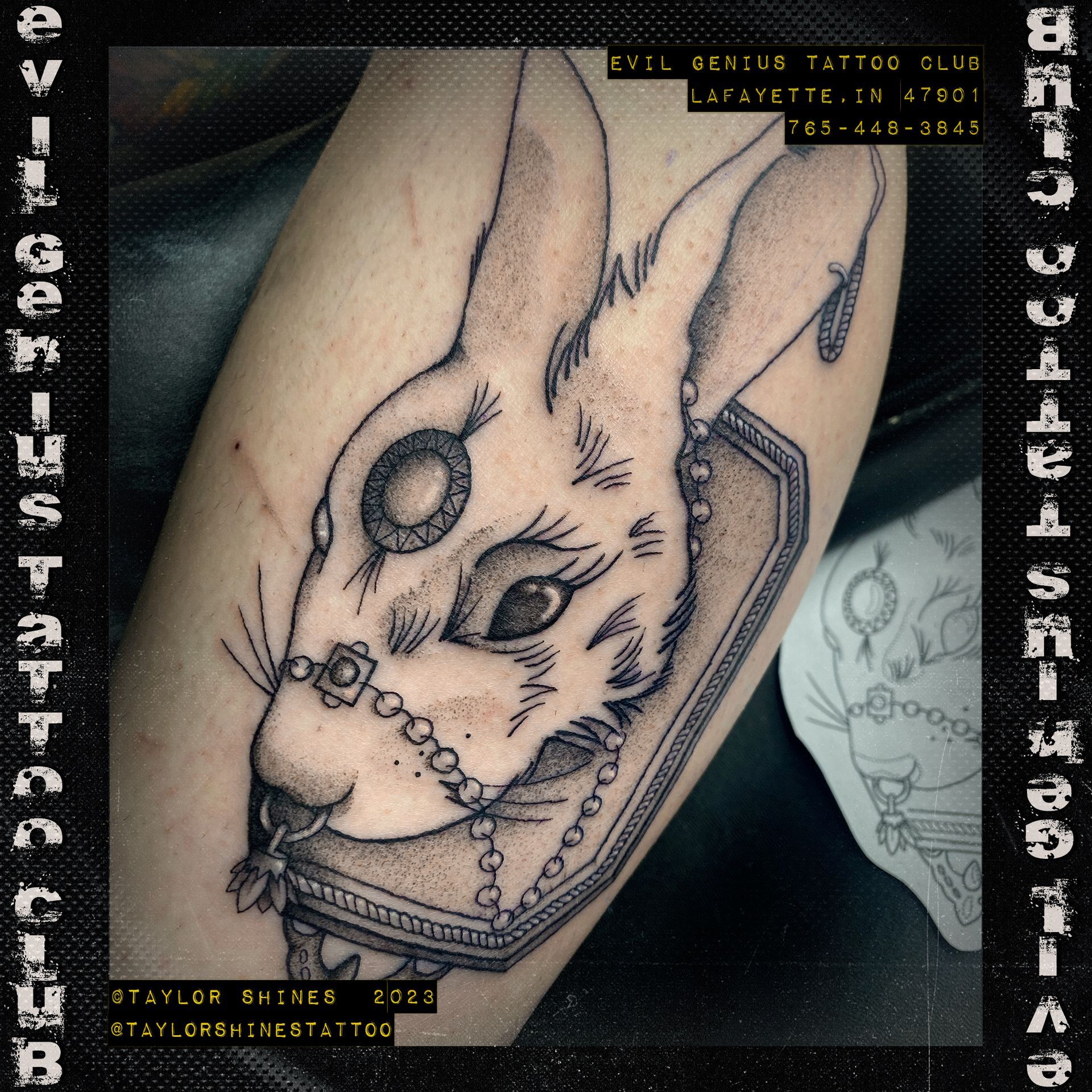 A tattoo of a rabbit taxidermy done by Taylor Shines