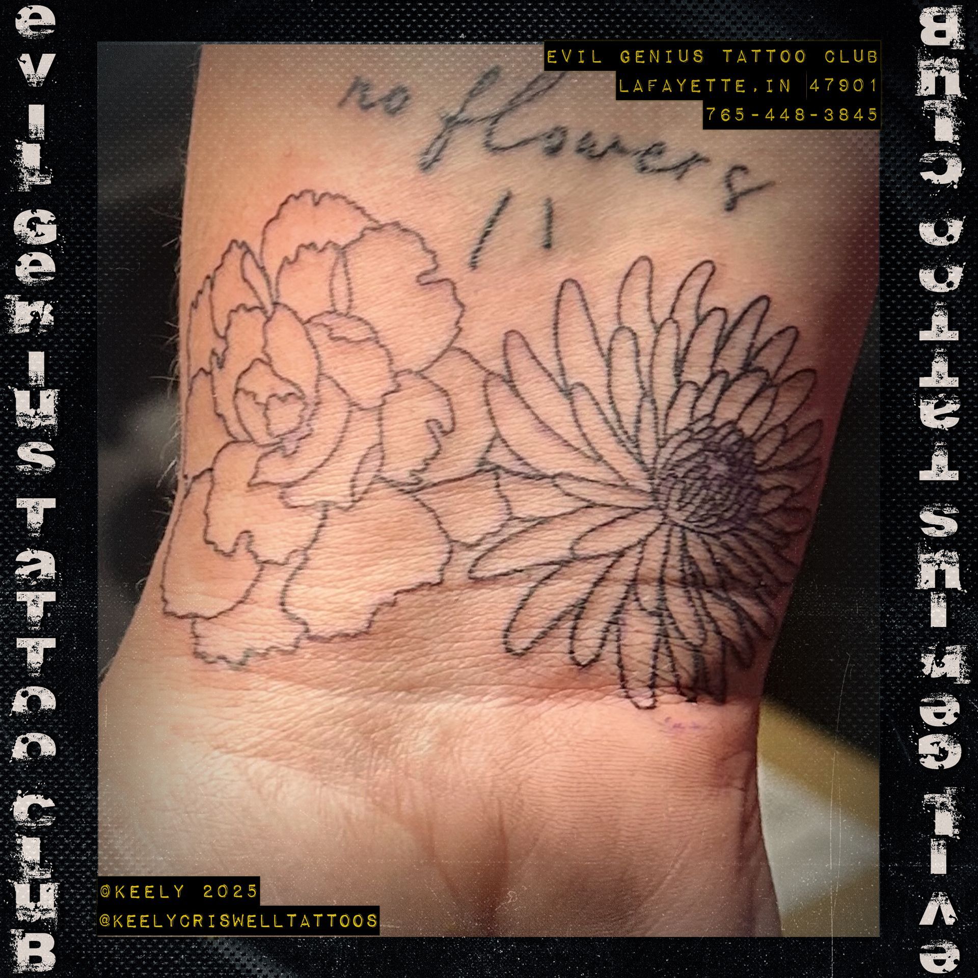 Fine line floral tattoo by Keely Criswell