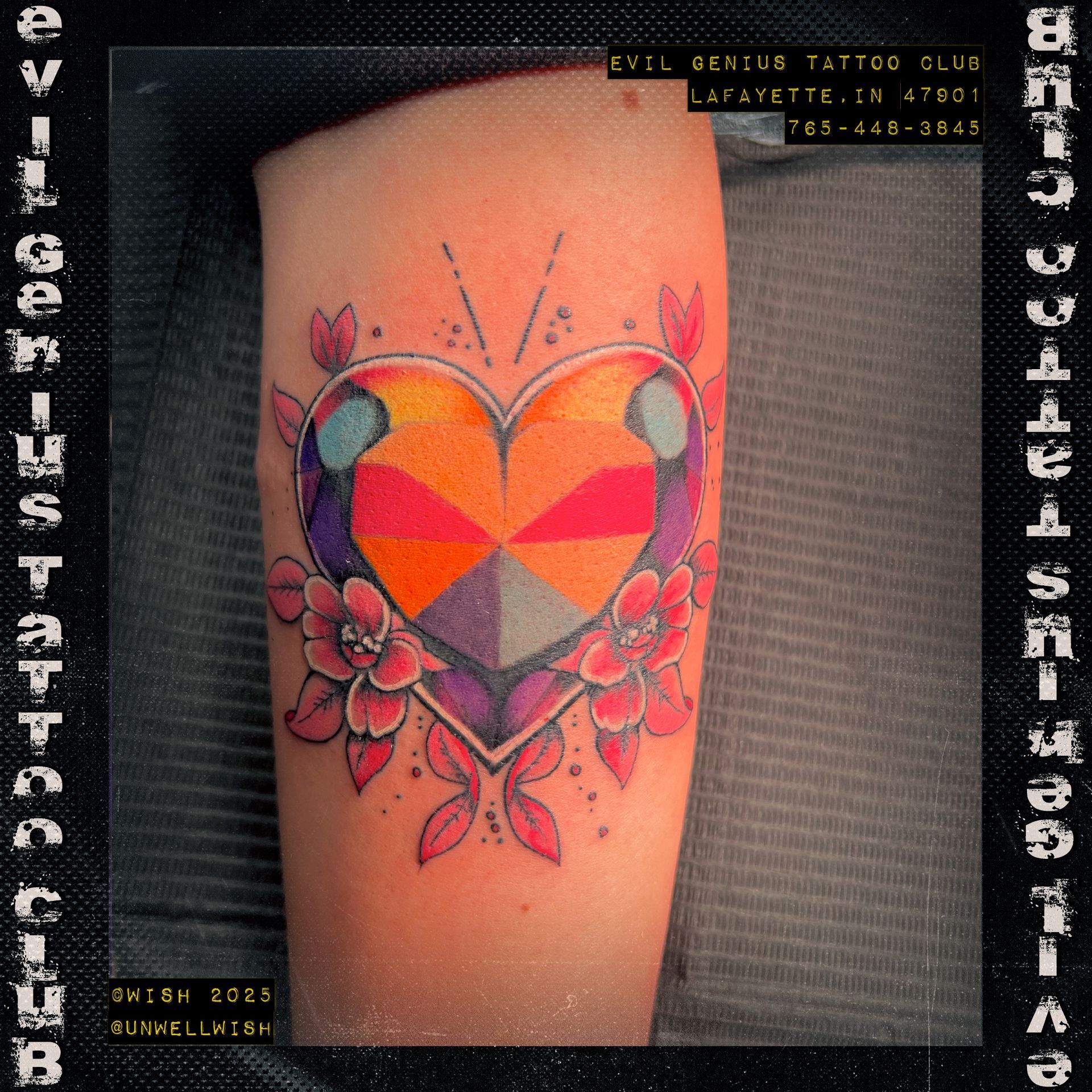 Multi-color faceted heart tattoo by Wish