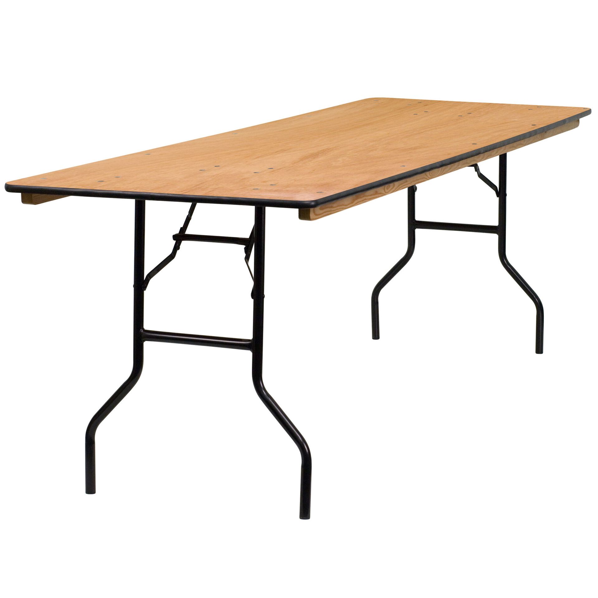 Une table pliante en bois avec pieds noirs sur fond blanc.