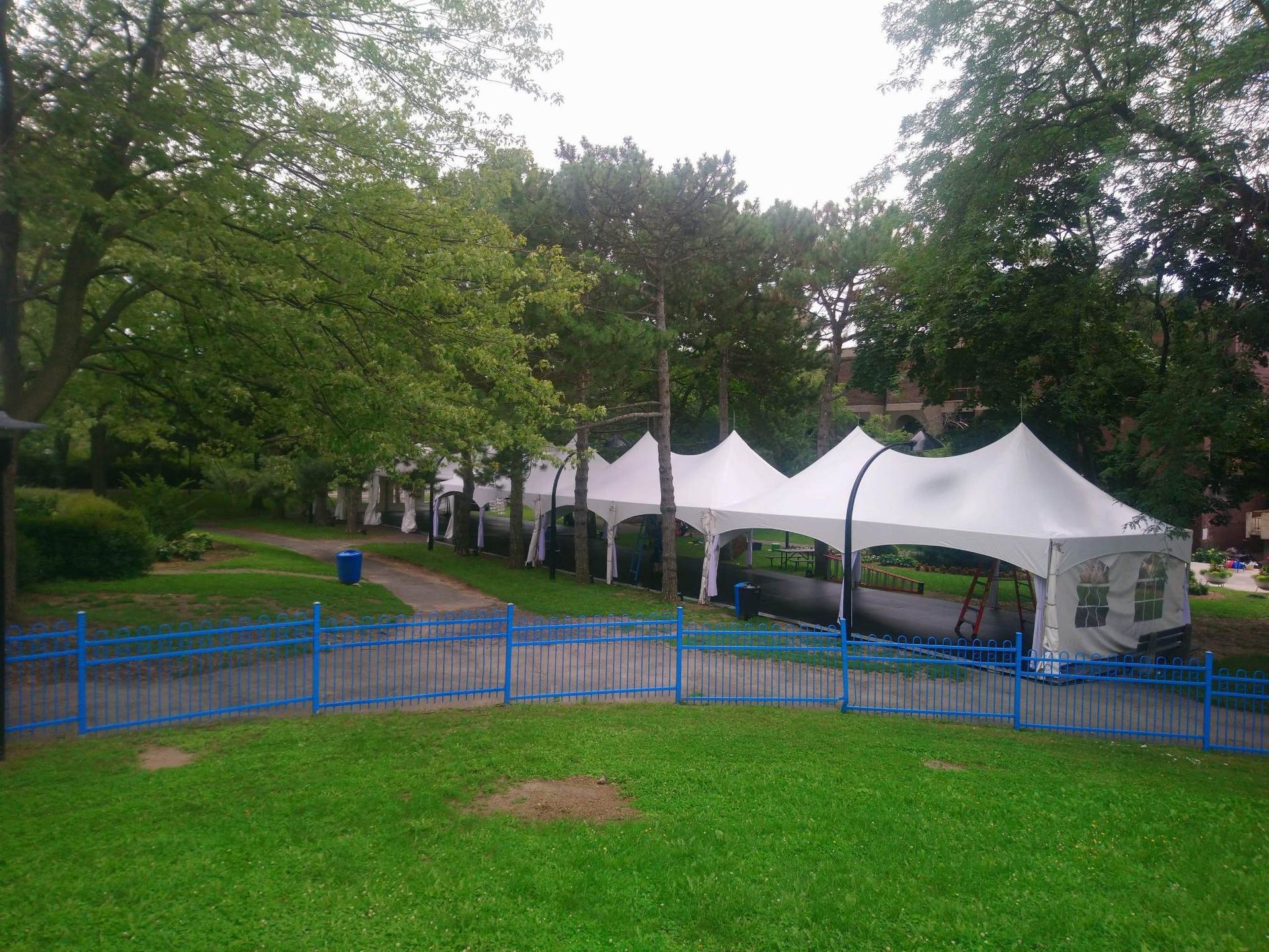 Une rangée de tentes est alignée dans un parc derrière une clôture bleue.