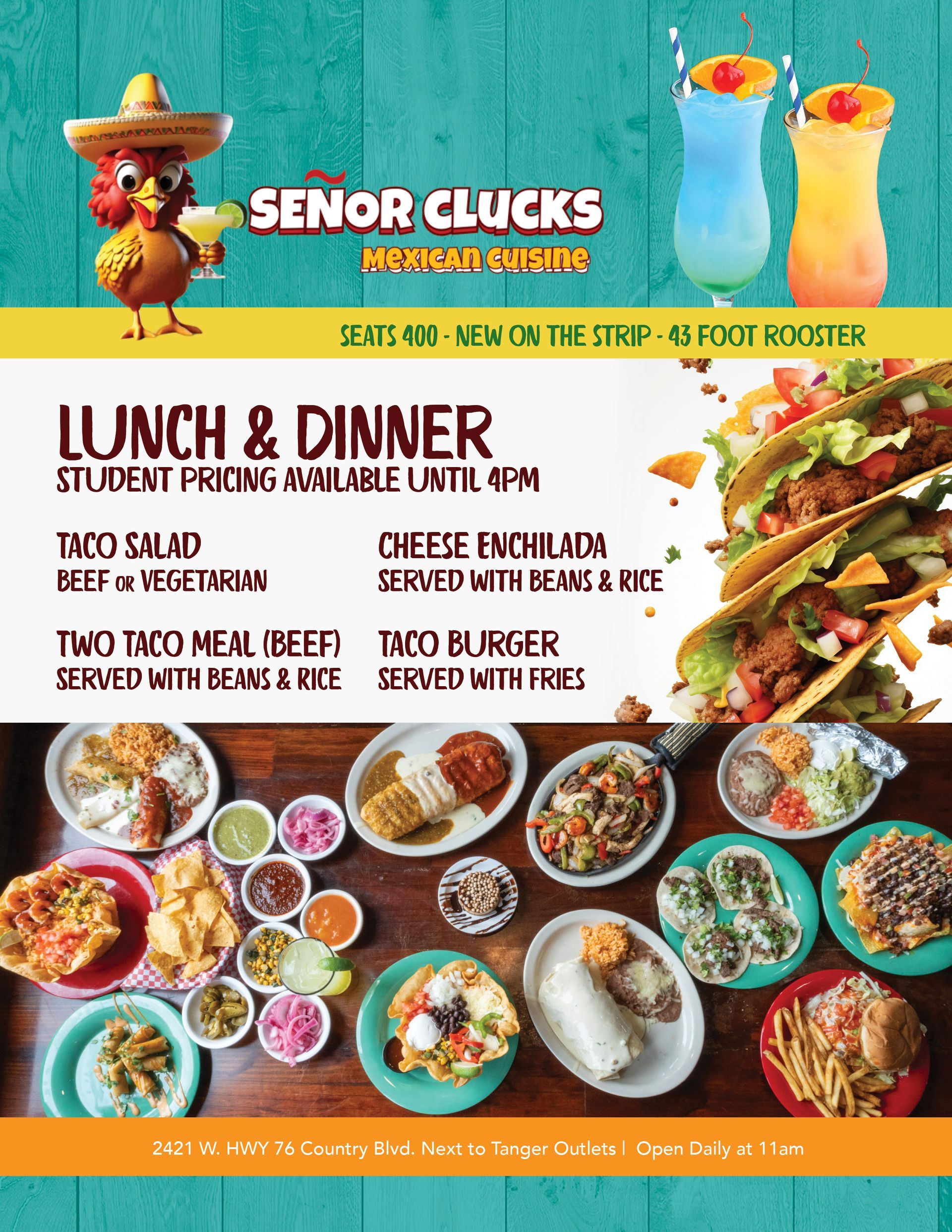 A menu for a restaurant called senor clucks shows a variety of food and drinks.
