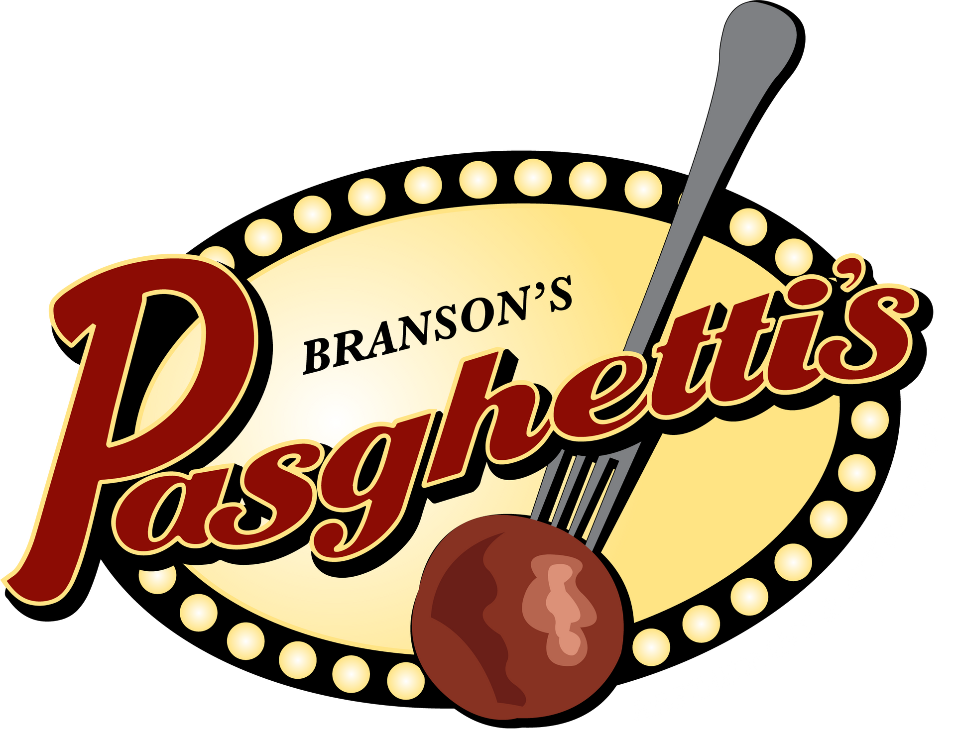A logo for branson 's pasghetti 's with a fork and a ball of meat