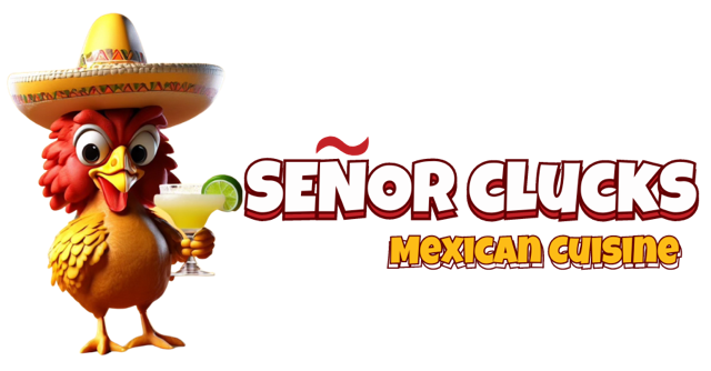 A logo for señor clucks mexican cuisine with a chicken wearing a sombrero