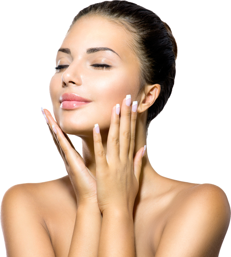 Woman with closed eyes gently applying skincare cream to her face against a white background