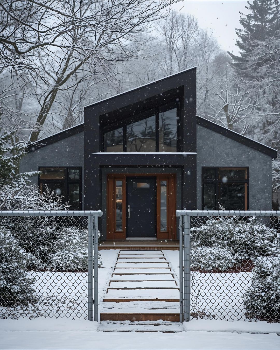 A modern house with a charcoal-gray slanted roof, set in a snowy, tree-lined landscape with chain link fence 