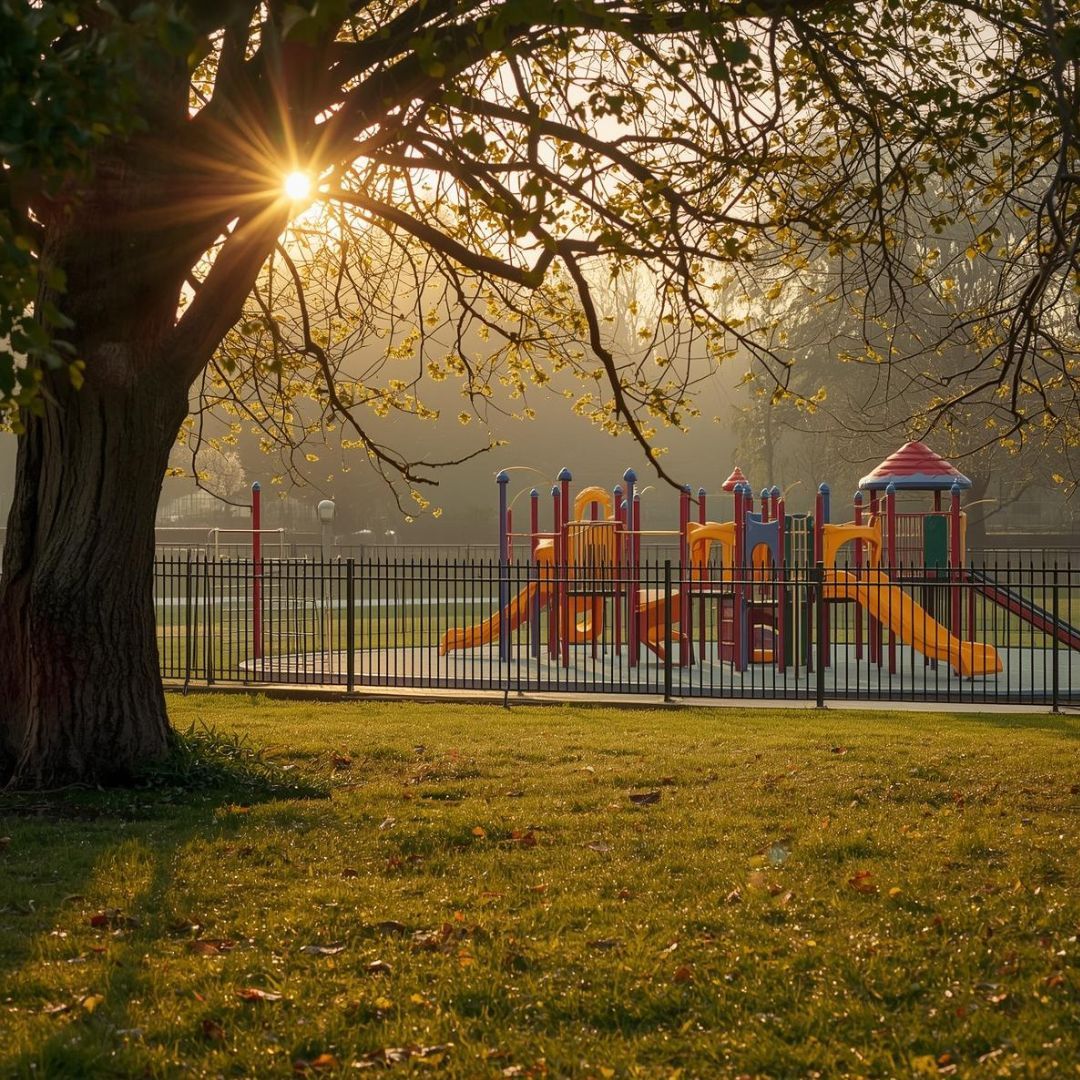 A colorful playground behind a metal fence, set in a grassy park at sunrise with a large tree in the foreground.
