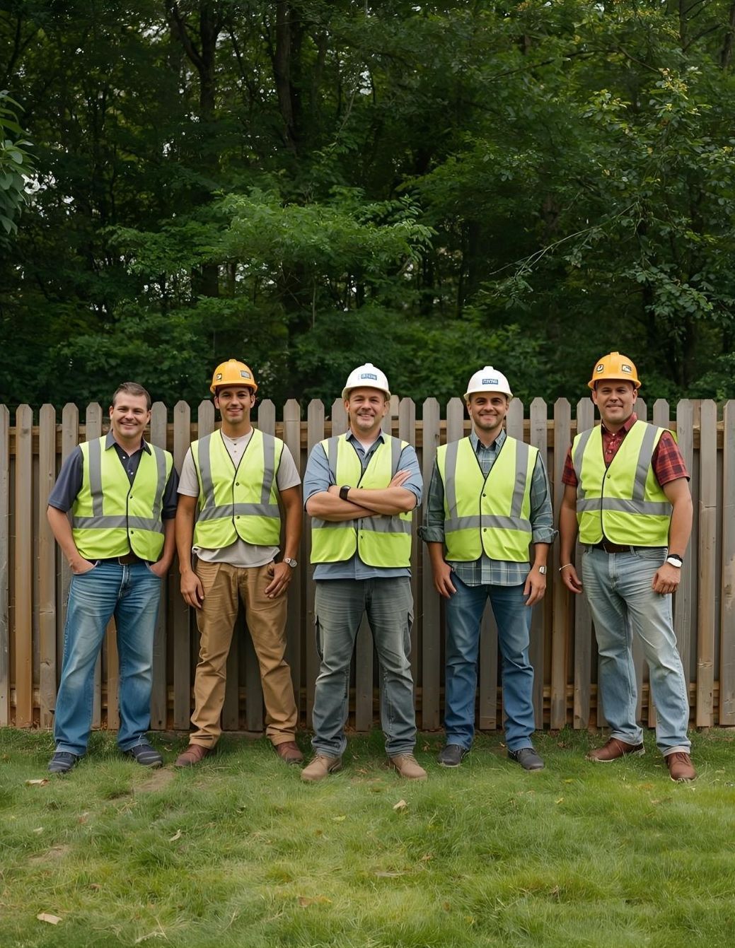 Five people in hard hats and safety vests stand in a row before a wooden fence and trees, smiling at the camera.