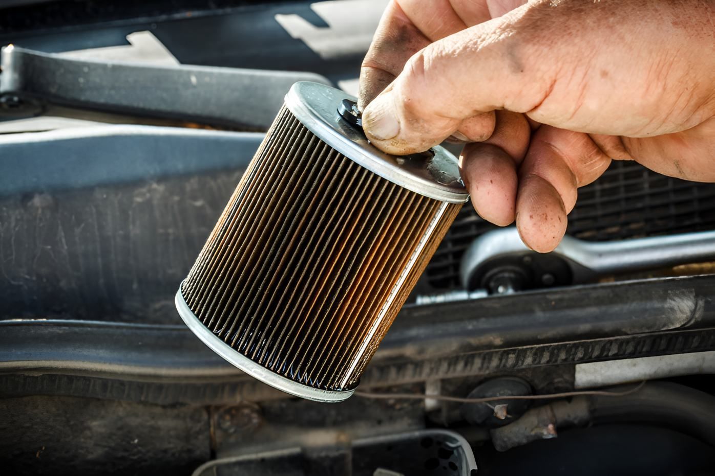 A Person Is Holding A Dirty Oil Filter In Front Of A Car — Borg's Brake & Front End Service In Mackay, QLD