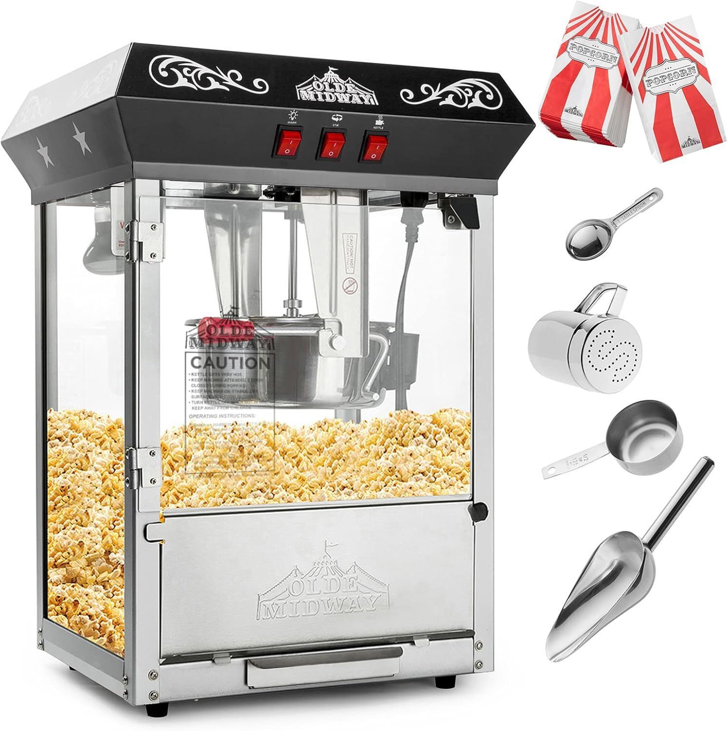 Olde Midway Bar Style Popcorn Machine Maker Popper with 10-Ounce Kettle