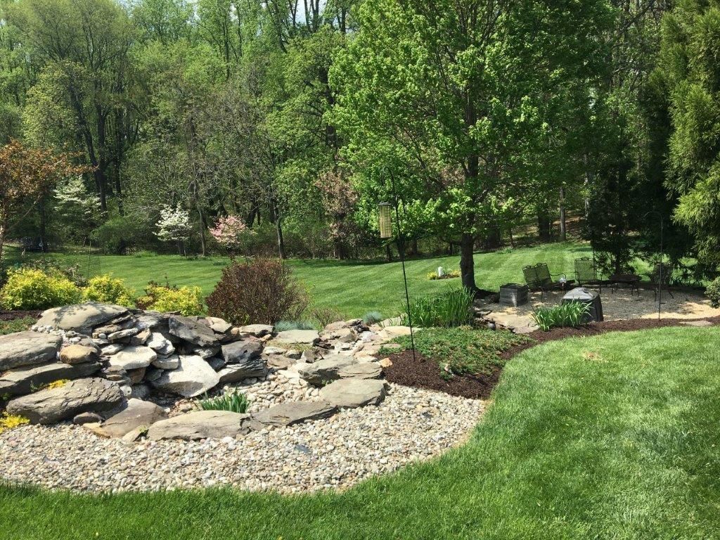 A swimming pool with a ladder attached to it is sitting in the middle of a lush green yard.