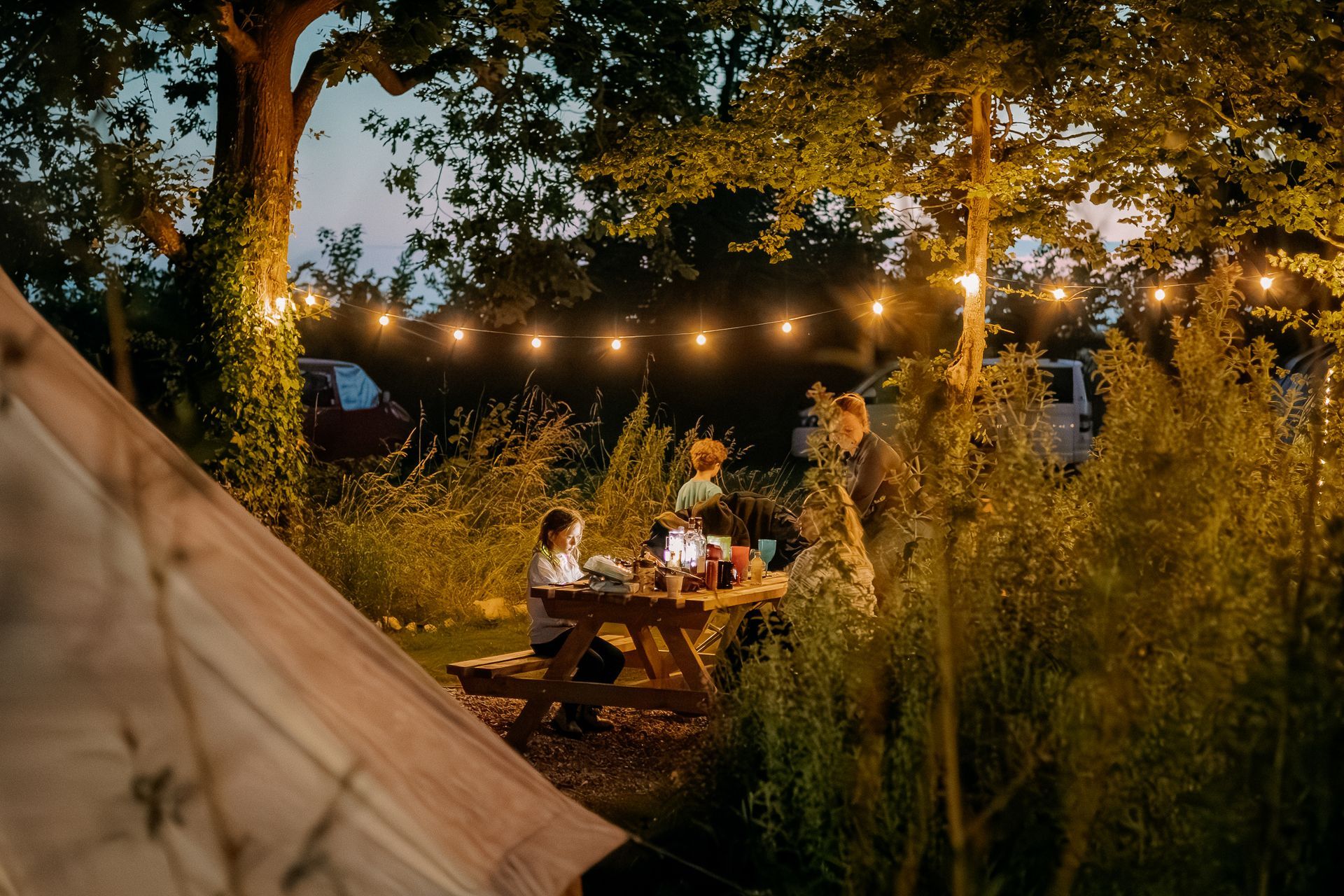 Family camping outdoors at night, lit by string lights over a picnic table. Tent in foreground.