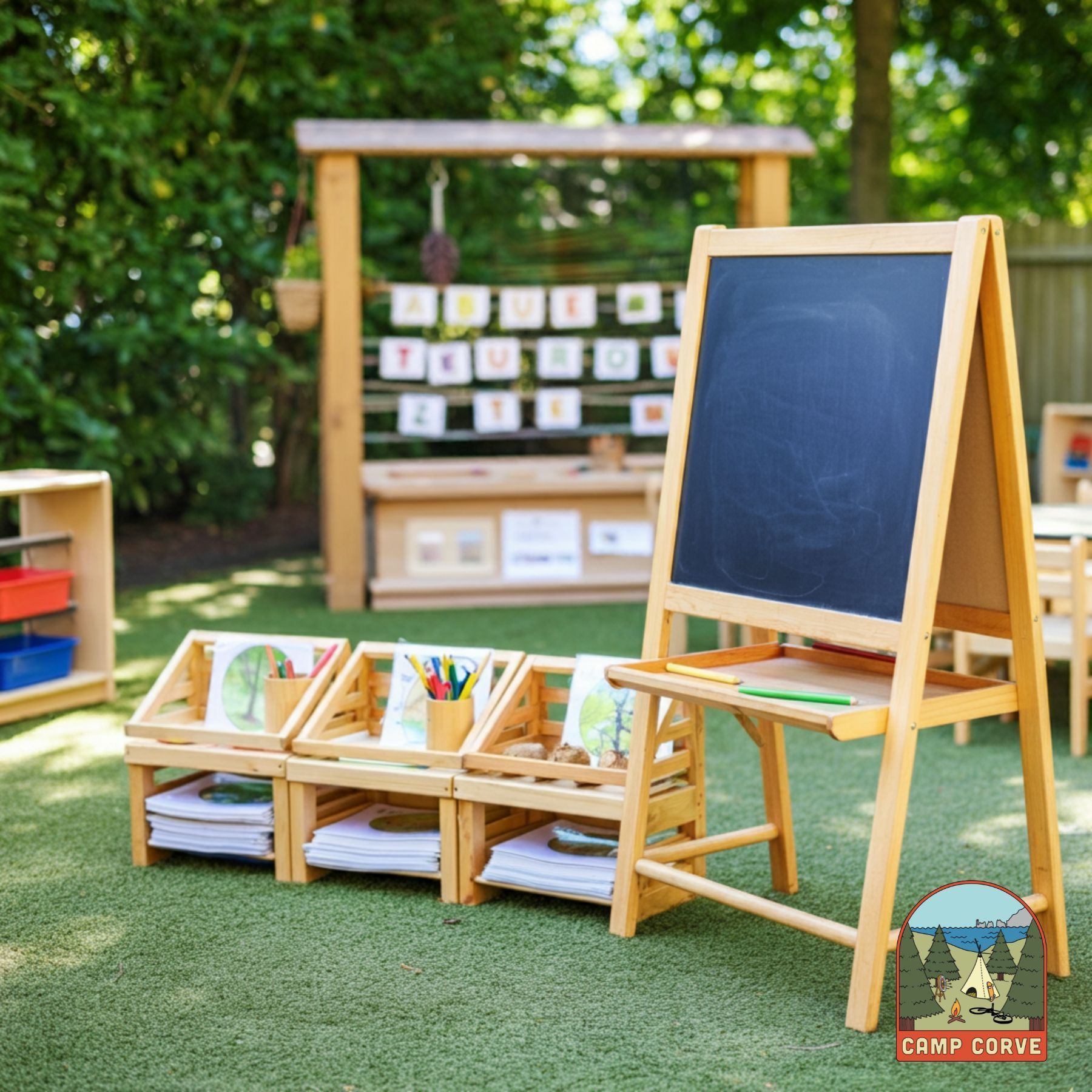 Outdoor classroom setting: easel, book display, shelves, and wooden structure with alphabet cards.