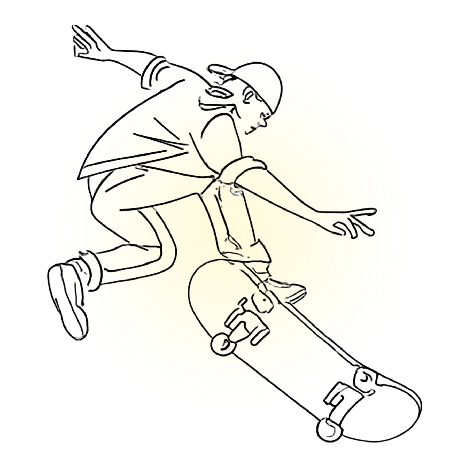 Person performing a skateboarding trick, mid-air, outlined in black on a white background.