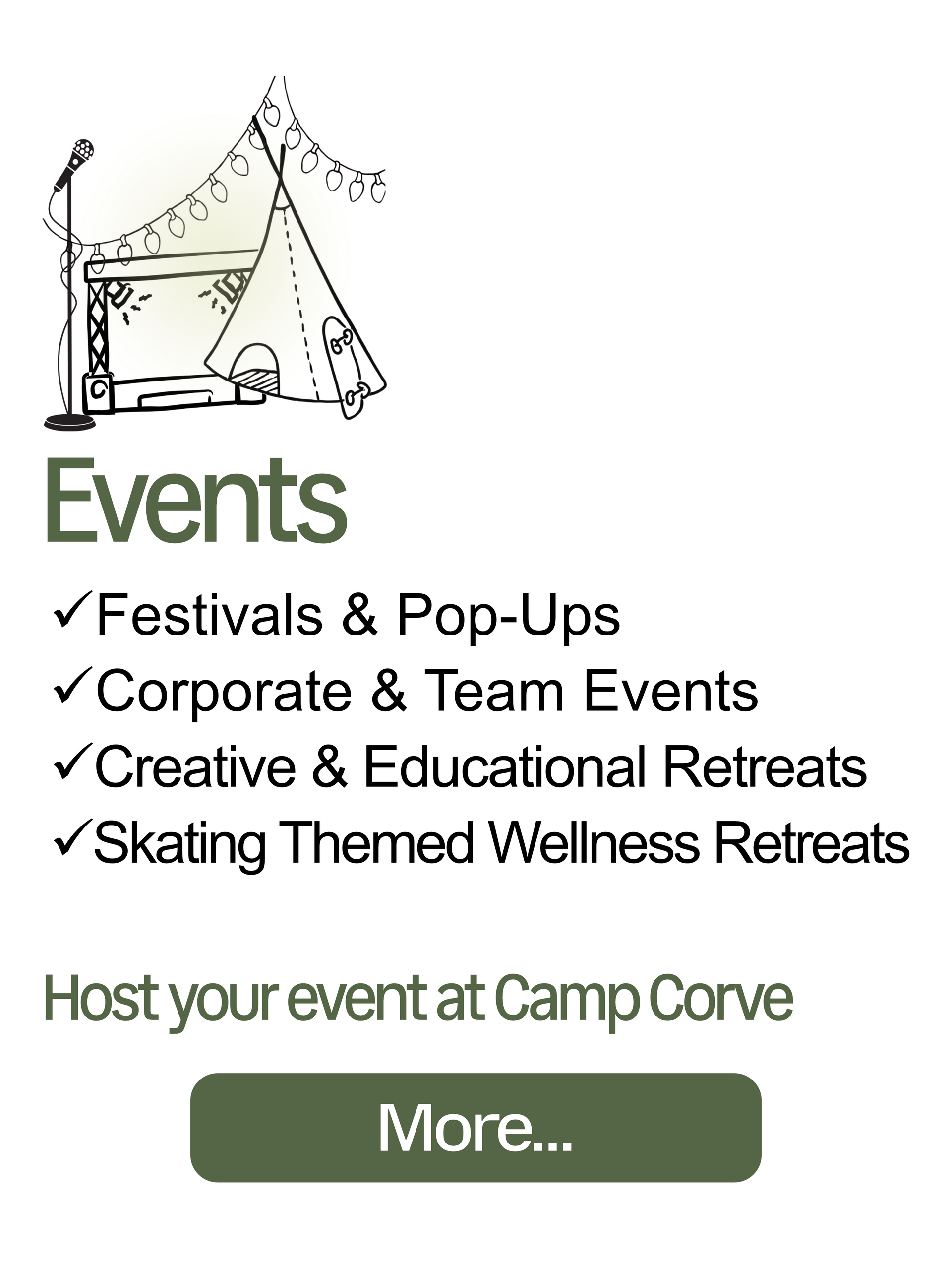 Events advertisement at Camp Corve: lists festivals, retreats, and corporate events. Green and white.